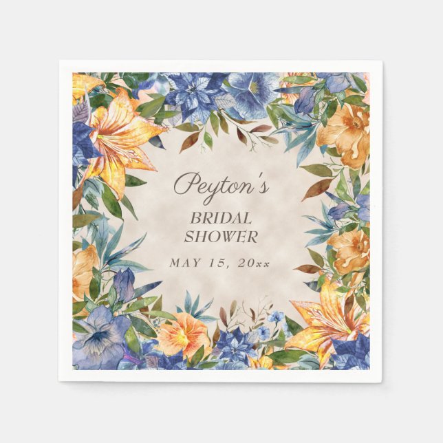 Guardanapo De Papel Chá de panela Floral Azul Laranja de outono (Frente)