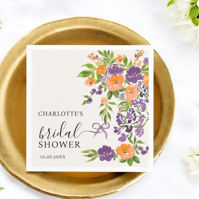 Guardanapo De Papel Chá de panela Floral Púrpura Laranja Púrpura Pinta (Hand Painted Purple Orange Floral Bridal Shower Napkins)