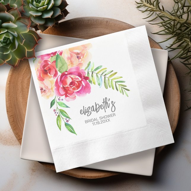 Guardanapo De Papel Chá de panela Pintado de Flores de Aquarela (Personalized Bridal Shower napkins - watercolor flower bouquet)