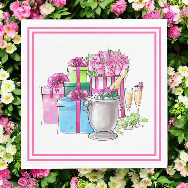 Guardanapo De Papel Chá de panela Verde Rosa Oferece Óculos de Champan (Criador carregado)