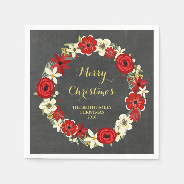 Guardanapo De Papel Chalkboard Red Floral Wreath Christmas Napkin (Frente)
