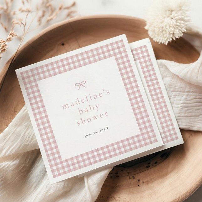 Guardanapo De Papel Chaminé Simples Gingham Rosa Po dusty Meninas Chá  (Dusty pink bow gingham girls baby shower napkins.)
