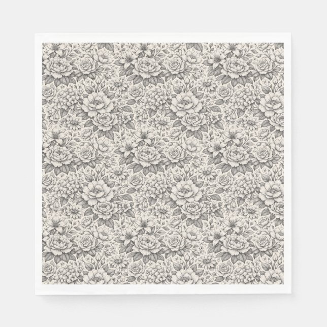 Guardanapo De Papel Charcoal Black and White Etched Flowers Classic (Frente)