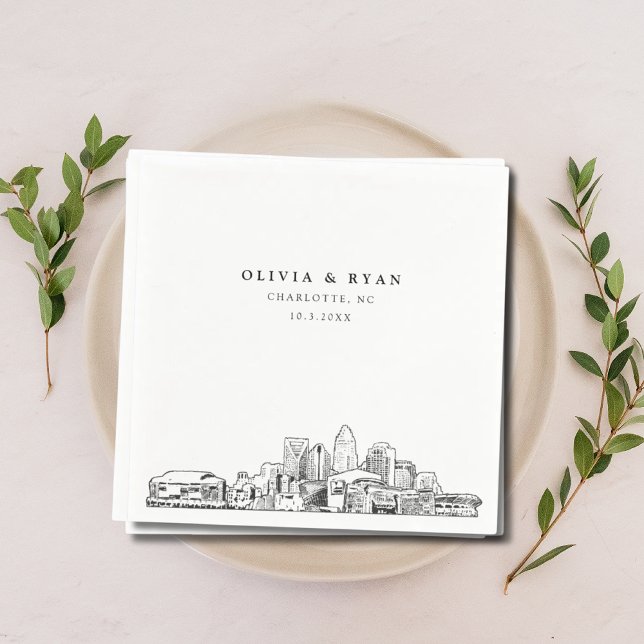 Guardanapo De Papel Charlotte Wedktail Napkin (Charlotte North Carolina Wedding Skyline Napkins Classy Black and White)