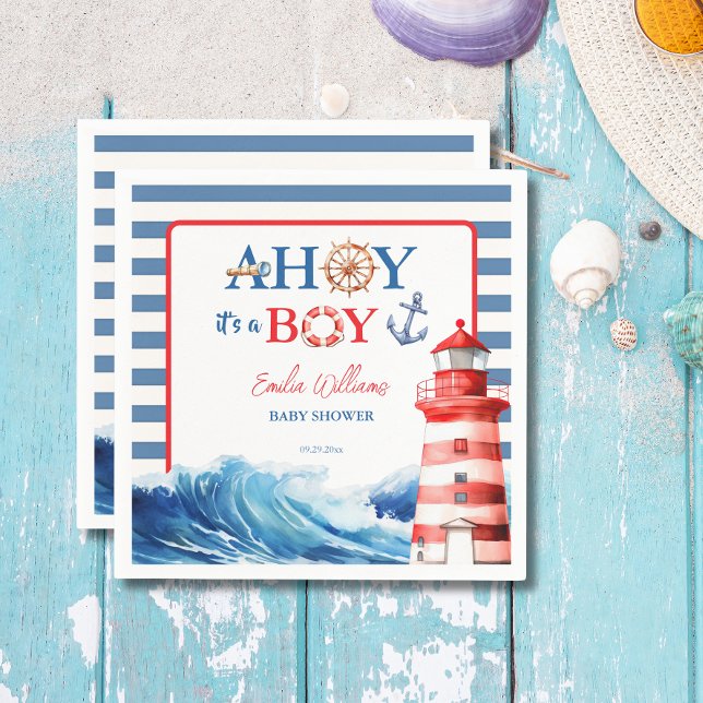 Guardanapo De Papel Cheerful Red Blue Maritime Waves Baby Shower (Criador carregado)
