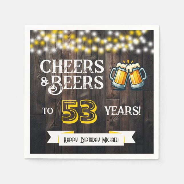 Guardanapo De Papel Cheers and Beers to 53 Years Rustic Birthday Party (Frente)