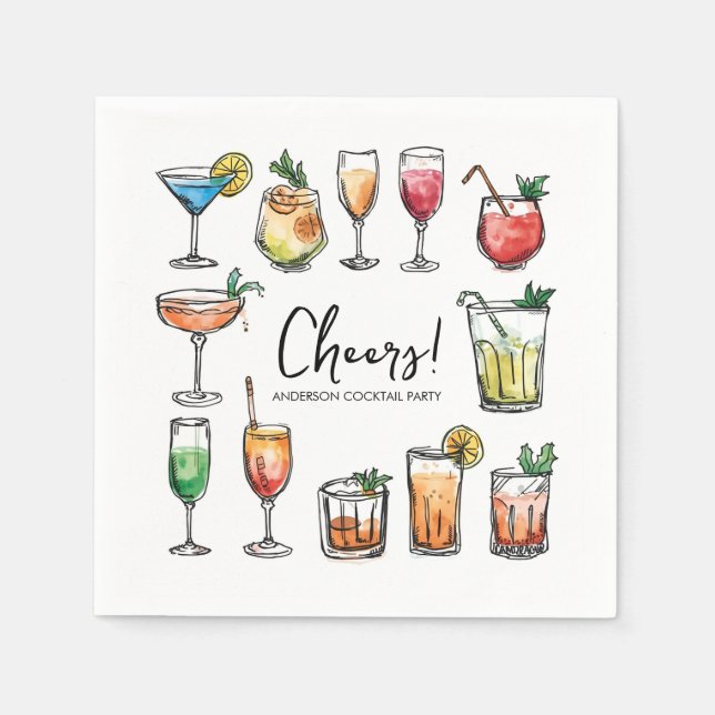 Guardanapo De Papel Cheers Doodle Drawing Holiday Cocktail Party (Frente)