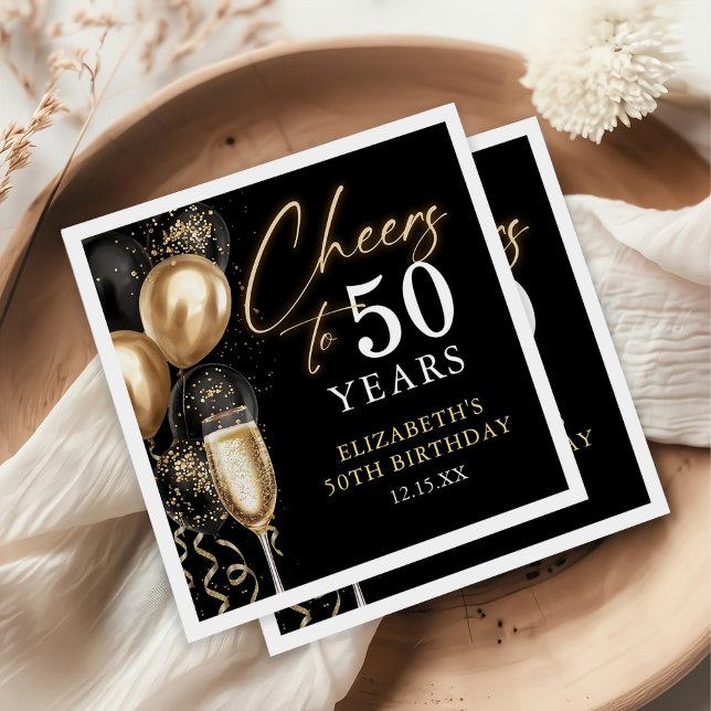Guardanapo De Papel Cheers To 50 Years Black and Gold Balloons (Criador carregado)