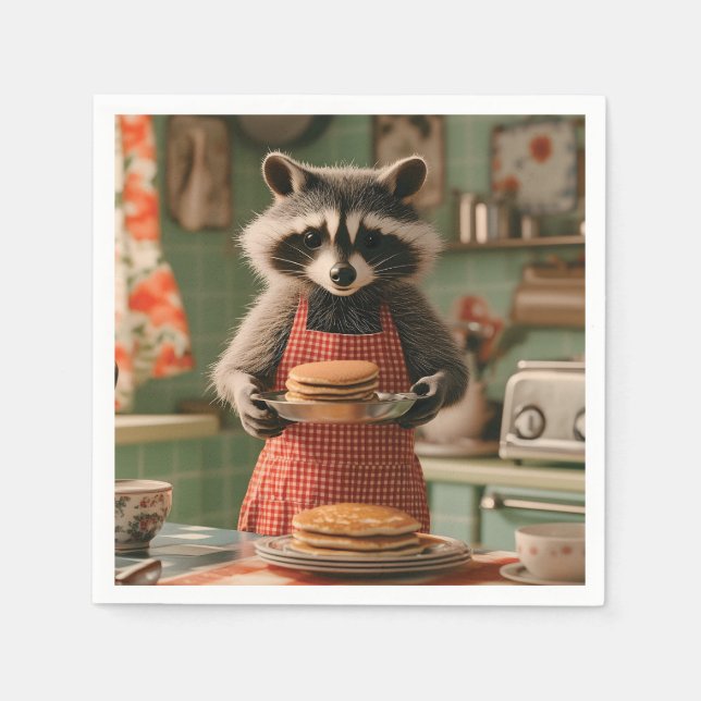 Guardanapo De Papel Chef de guaxinim em cozinha retrô servindo pancake (Frente)
