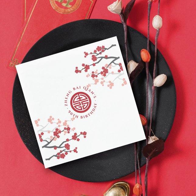 Guardanapo De Papel Cherry Blossomo Símbolo Longevidade Aniversário Ch (Cherry Blossoms Longevity Symbol Chinese Senior Birthday Paper Napkin @ zazzle.com/fatfatin_red_knot)
