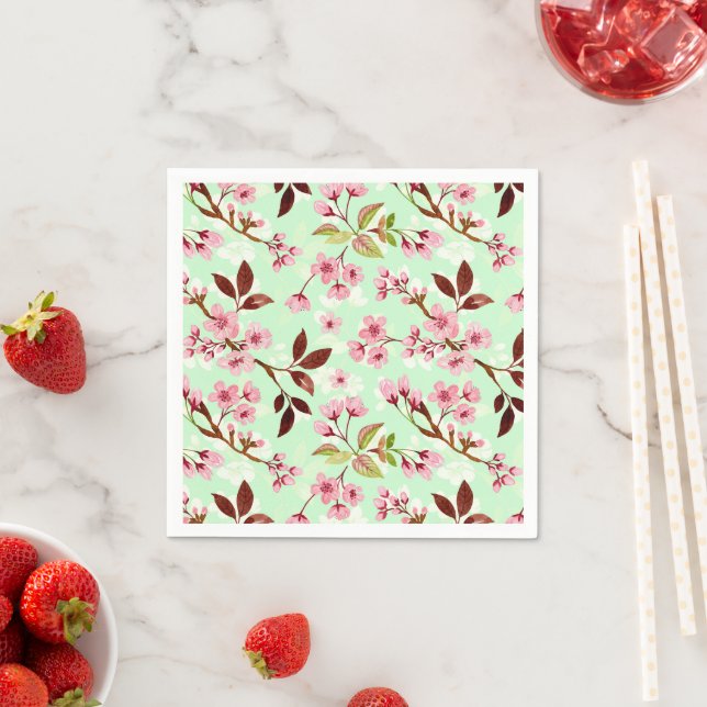 Guardanapo De Papel Cherry Blossoms Mint Background Napkins (Insitu)