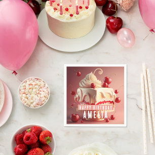 Guardanapo De Papel Cherry Cream Birthday Cake Personalizado Napkins