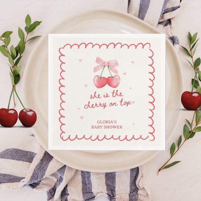 Guardanapo De Papel Cherry no Chá de fraldas da Arco Coquette (She is the cherry on top Baby Shower Personalized Napkins 
Decoration)