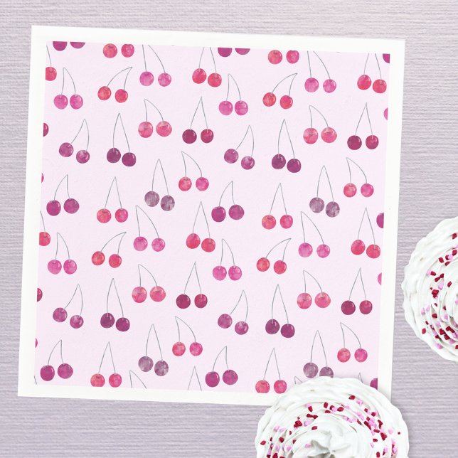 Guardanapo De Papel Cherry Pink Watercolor Party (Pretty pink watercolor cherry pattern party paper napkin)