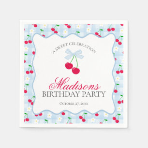Guardanapo De Papel Cherry Sweet Blue Coquette Arco Gingham Birthday