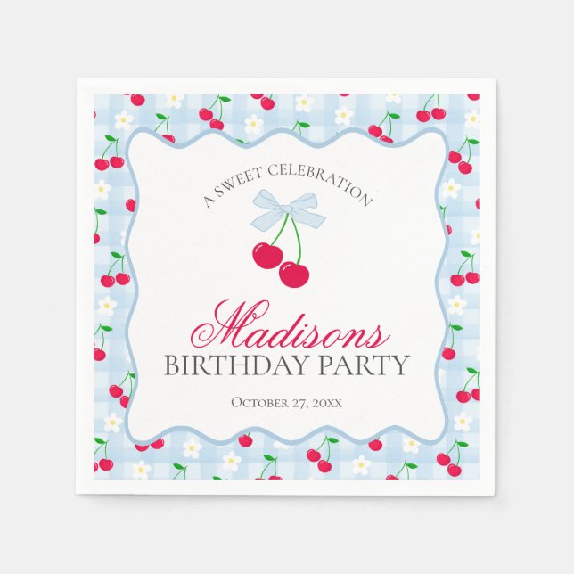 Guardanapo De Papel Cherry Sweet Blue Coquette Arco Gingham Birthday (Frente)