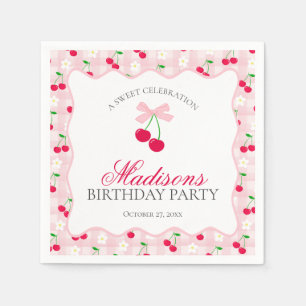 Guardanapo De Papel Cherry Sweet Pink Coquette Arco Gingham Birthday