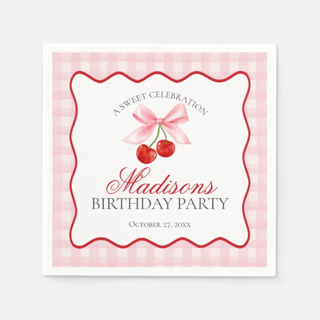 Guardanapo De Papel Cherry Sweet Pink Coquette Arco Gingham Birthday (Frente)