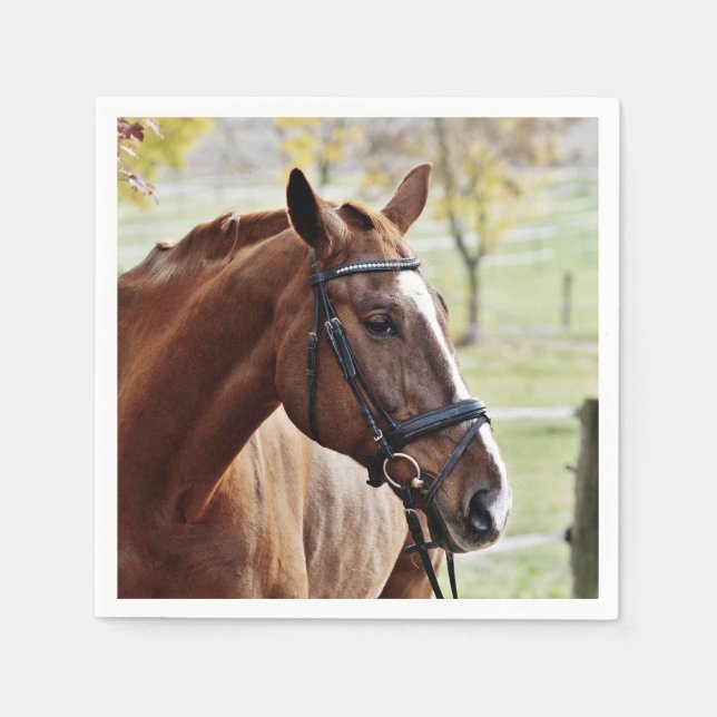 Guardanapo De Papel Chestnut Horse com Blaze, Bridle, em Pastura (Frente)