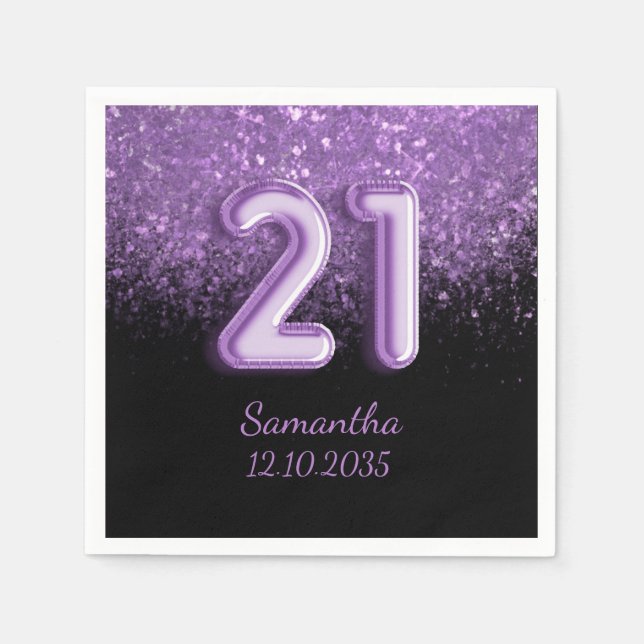 Guardanapo De Papel Chic Black & Purple Glitter Sparkle 21 Aniversário (Frente)