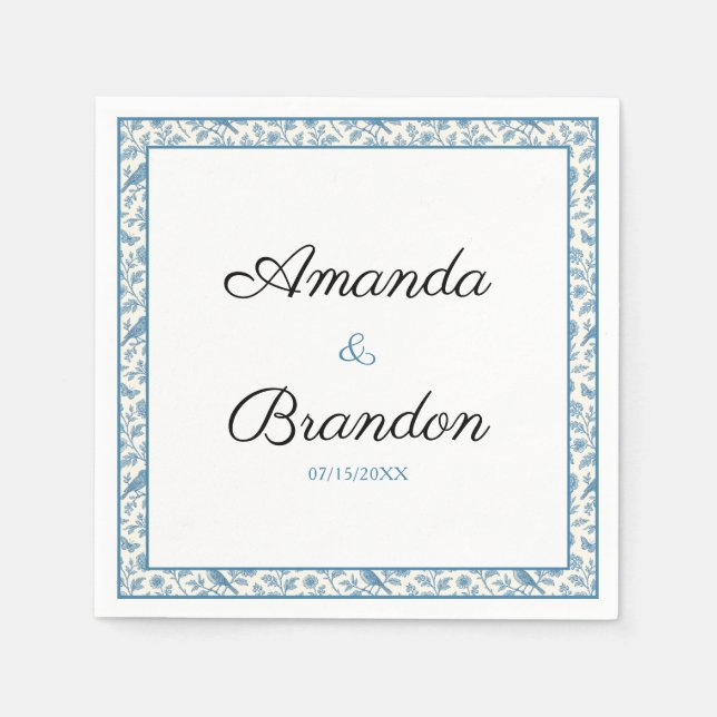 Guardanapo De Papel Chic Blue Toile de Jouy Floral Border Wedding (Frente)