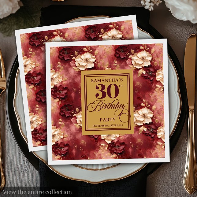 Guardanapo De Papel Chic Blush Burgundy Dourada Boho Party (Chic Blush Burgundy Gold Boho 30th Birthday Party Napkins)