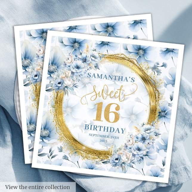 Guardanapo De Papel Chic Dusty Blue Sweet Dezesseis Dourados Napkins (Chic Dusty Blue Sweet Sixteen Gold Glitter Napkins)