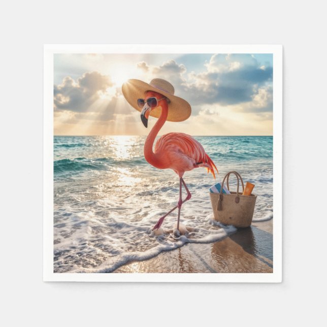 Guardanapo De Papel Chic Flamingo with Sun Hat and Sunglasses (Frente)