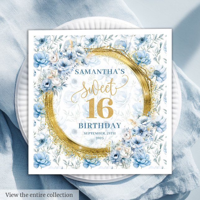 Guardanapo De Papel Chic Pastel Blue Sweet 16 Napkin com Sparkle Doura (Chic Pastel Blue Sweet 16 Napkin with Gold Sparkles)