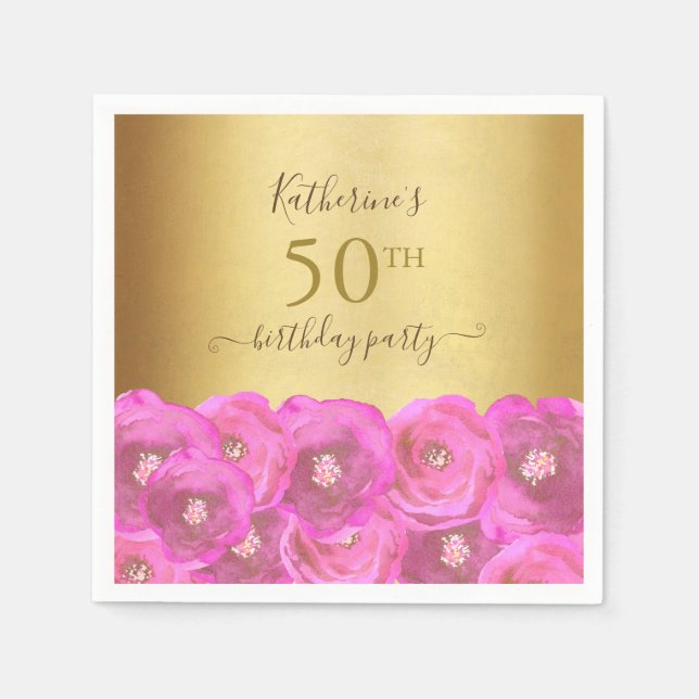 Guardanapo De Papel Chic Pink Rose Floral Gold 50th Birthday Party (Frente)