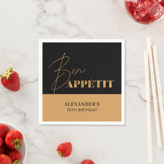 Guardanapo De Papel Chic Preto Dourado Bom Apetite Script Aniversário (Insitu)