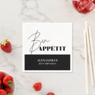 Guardanapo De Papel Chic Preto e Branco Bon Appétit Script Aniversário