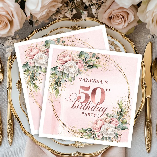 Guardanapo De Papel Chic Rose Gold Blush Floral Greenery 50th Birthday (Chic Rose Gold Blush Floral Greenery 50th Birthday Napkins

)