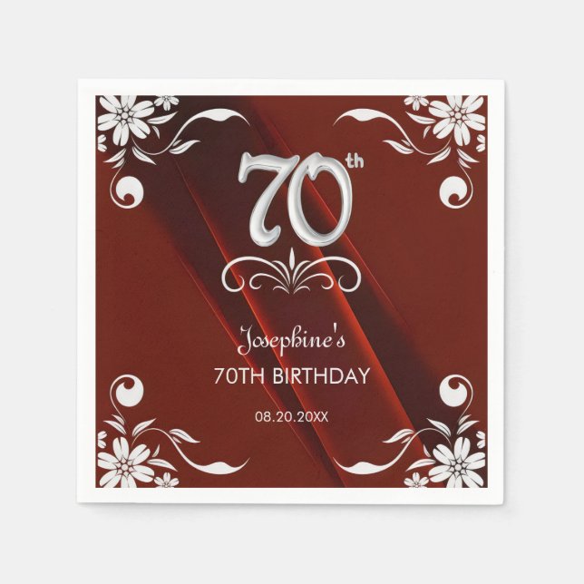 Guardanapo De Papel Chic Silver Floral Frame Burgundy 70 Birthday (Frente)