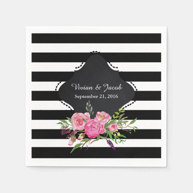 Guardanapo De Papel Chic Stripes e Peonies Casando Napkin (Frente)