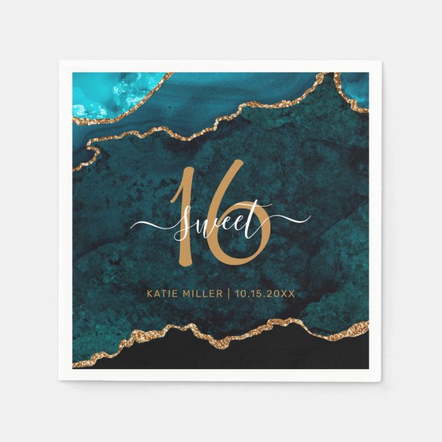 Guardanapo De Papel Chic Sweet 16 Teal Dourado Agate Partido Personali (Frente)