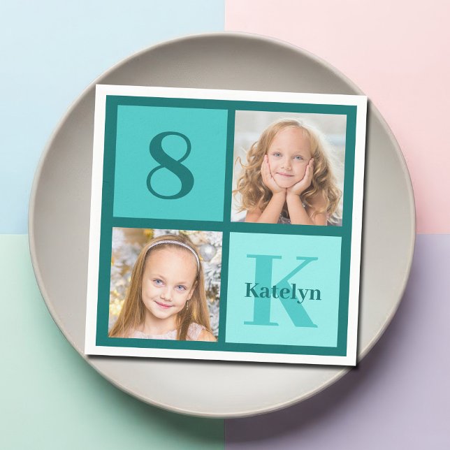 Guardanapo De Papel Chic Teal Birthday Party Custom Photo Collage (Criador carregado)