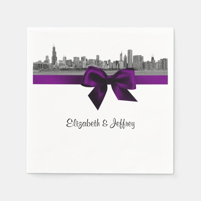 Guardanapo De Papel Chicago Skyline Etch BW Purple Napkins (Frente)