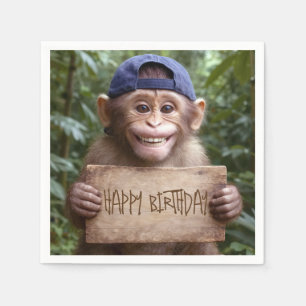Guardanapo De Papel Chimpanzé segurando um cartão de Feliz Aniversário