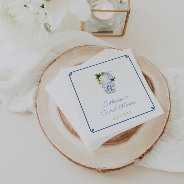 Guardanapo De Papel Chinoiserie Chic Festa de Noivado Azul Verde (Preppy ginger jar with blue and white flowers Bridal Shower napkins)