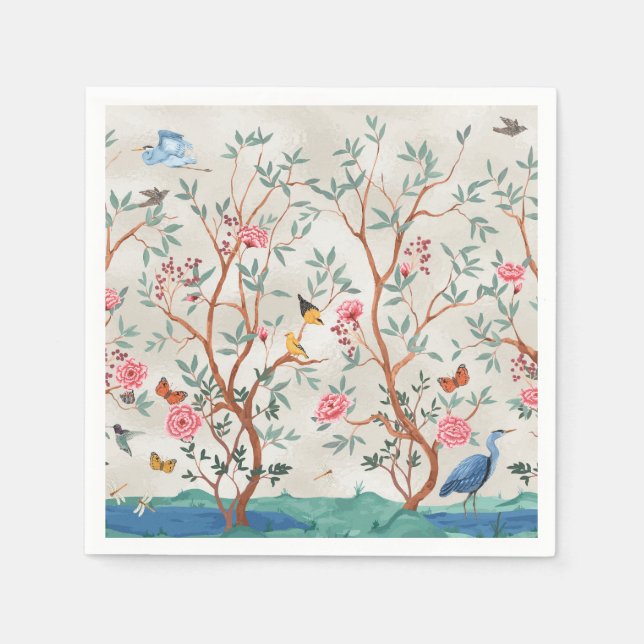 Guardanapo De Papel Chinoiserie Mural com Garças e Flores (Frente)