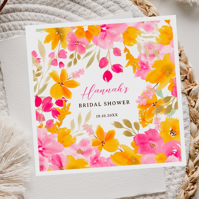 Guardanapo De Papel Chique belo amarelo rosa floral noiva aquarela (Chic pretty yellow pink floral watercolor bridal napkins)