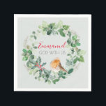 Guardanapo De Papel Christian Christmas Wreath Winter Robin<br><div class="desc">Uma bela coroa aquática de natal com folhagem verde e holly,  e um pinto de inverno. Com as palavras Emmanuel,  Deus conosco. Sage verde fundo.</div>
