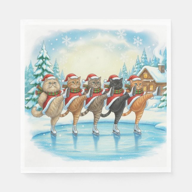 Guardanapo De Papel Christmas Cat Skaters, Napkins (Frente)