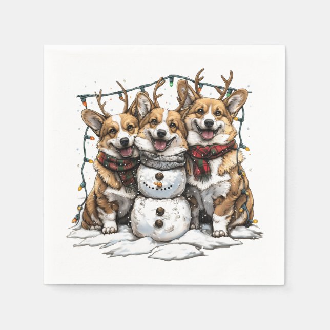 Guardanapo De Papel Christmas Corgi Dogs Snowman (Frente)