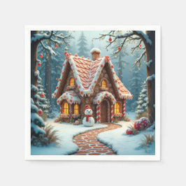 Guardanapo De Papel Christmas Gingerbread Cottage With a Snowman 