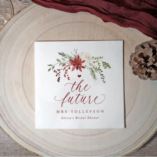 Guardanapo De Papel Christmas Greenery Winter Bridal Shower Wedding (Elegant winter wedding personalized bridal shower napkins with watercolor greenery & berries.)