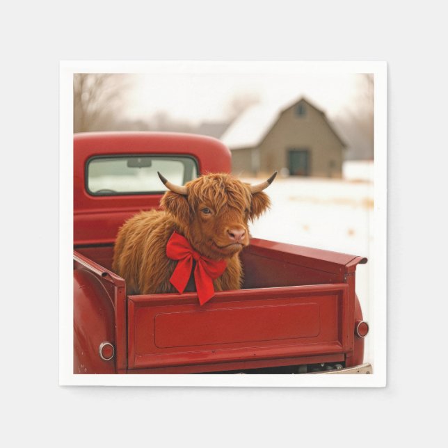 Guardanapo De Papel Christmas Highland Cow In Old Red Truck (Frente)