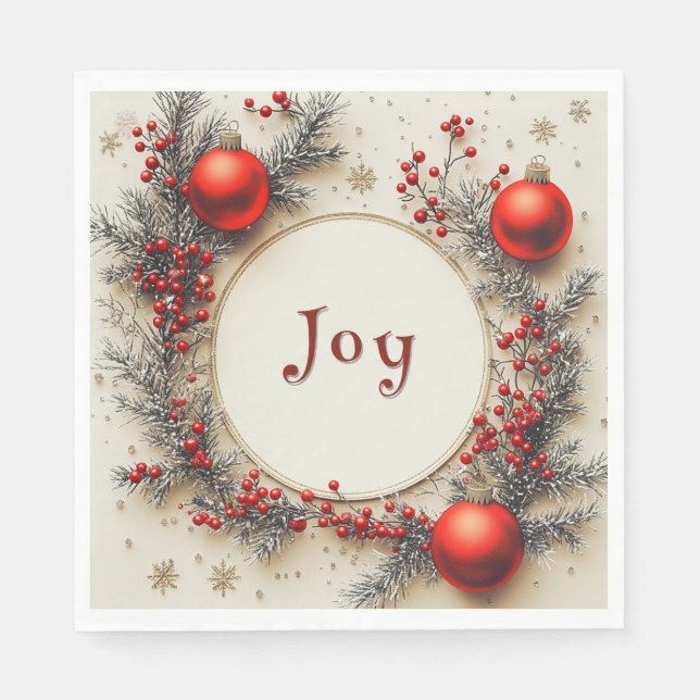 Guardanapo De Papel Christmas Red Ornaments Berries Snowflakes (Frente)