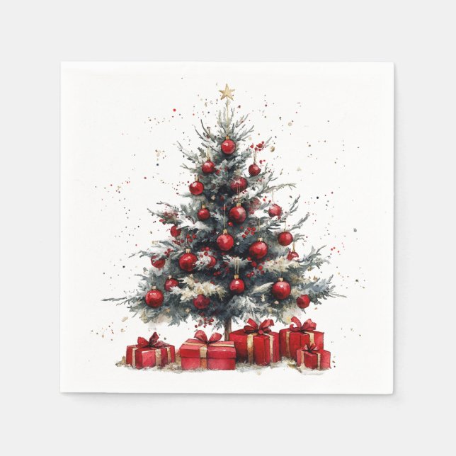 Guardanapo De Papel Christmas Tree Red Ornaments Gifts Holiday (Frente)